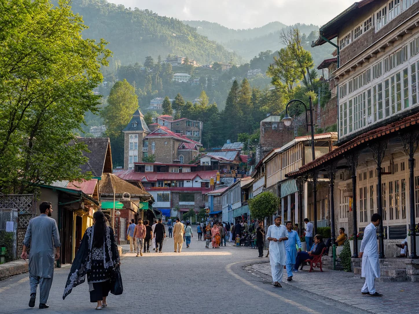 Visitors walking along Murree Mall Road among colonial buildings and pine-covered hills