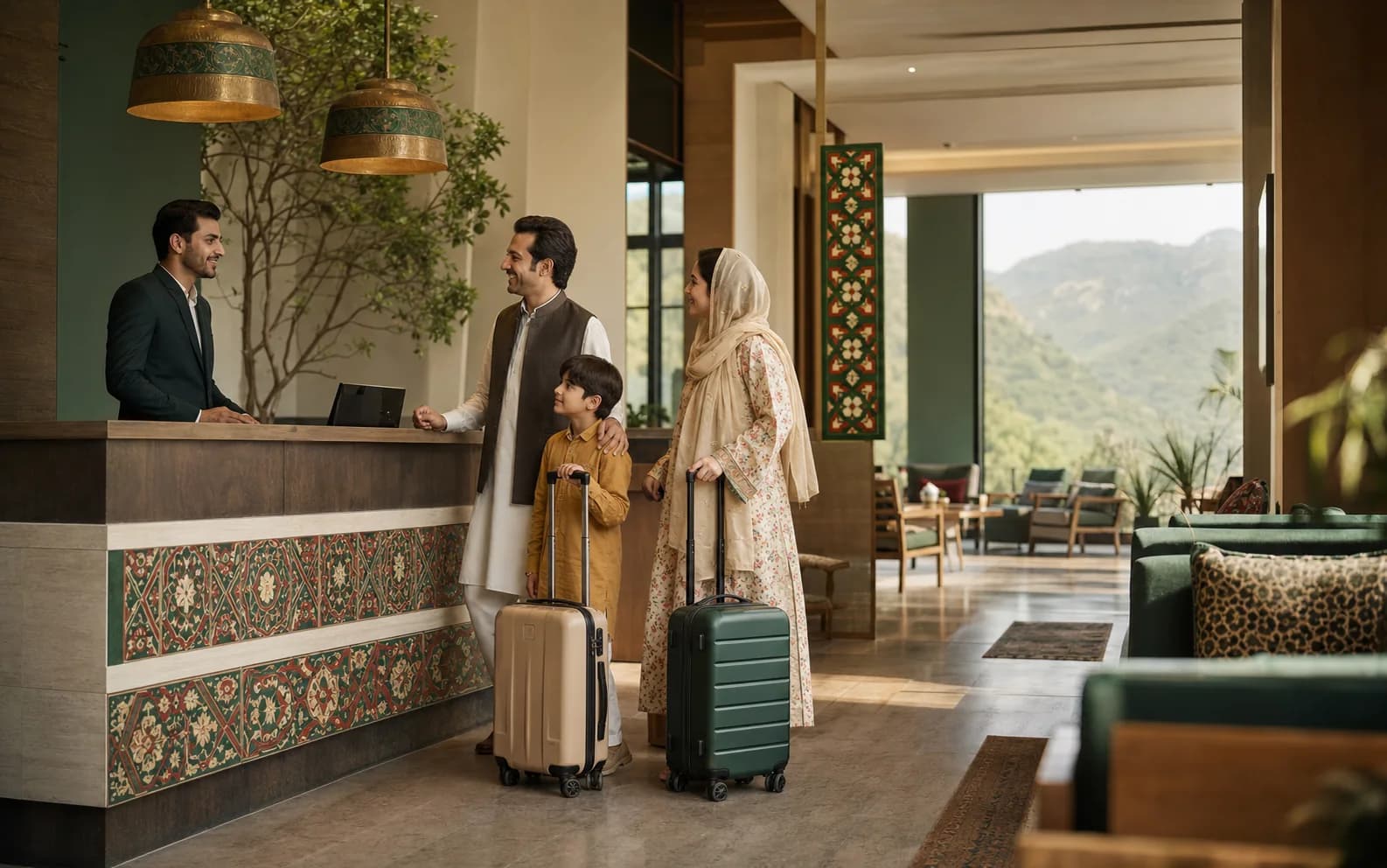 A Pakistani family with luggage checking in at a hotel reception, hills visible through the lobby windows