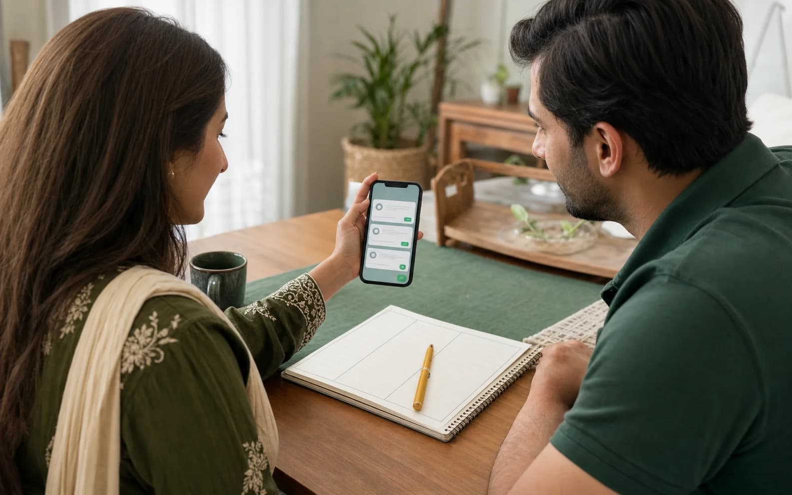 A Pakistani couple comparing hotel quotes on their phone