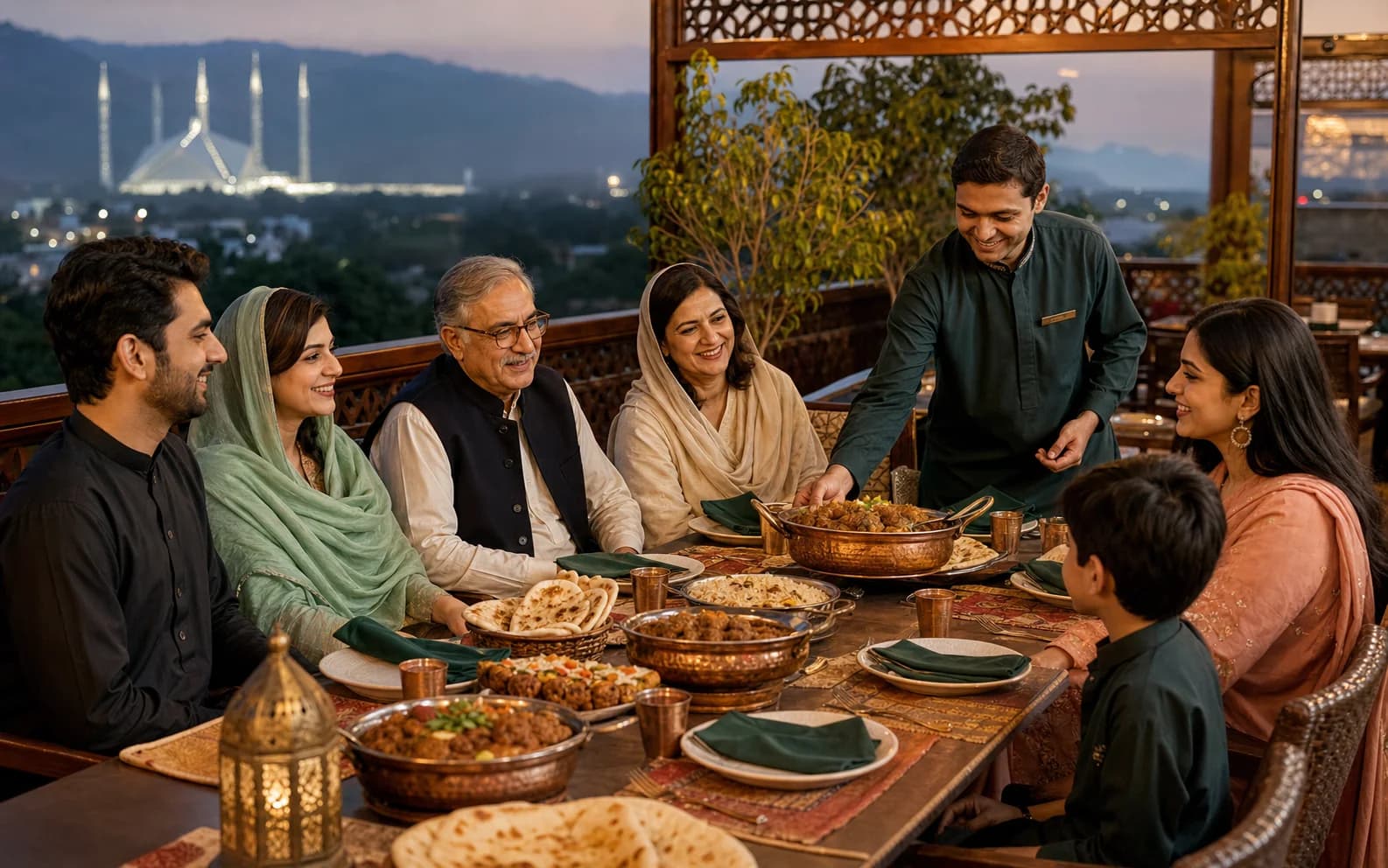 Waiter serving a copper karahi to a family at a terrace restaurant table, with Faisal Mosque lit up across the valley at dusk