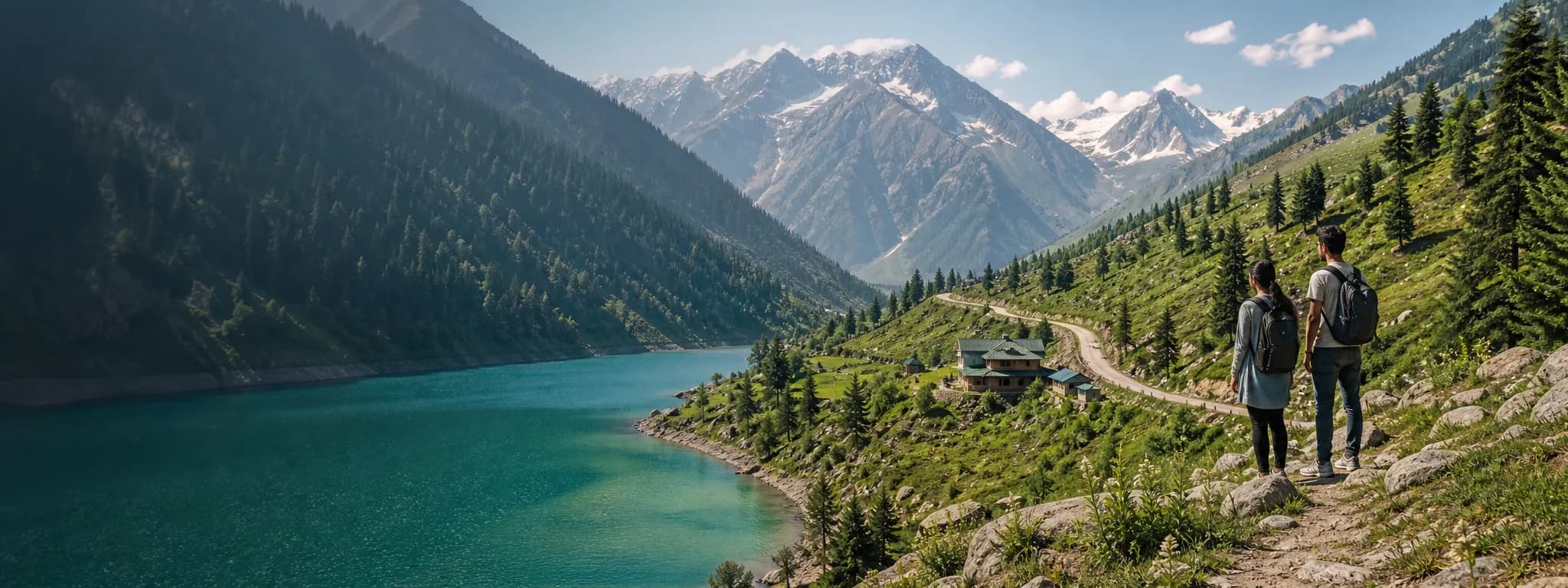Travelers overlooking a mountain lake, guesthouse and scenic road in northern Pakistan