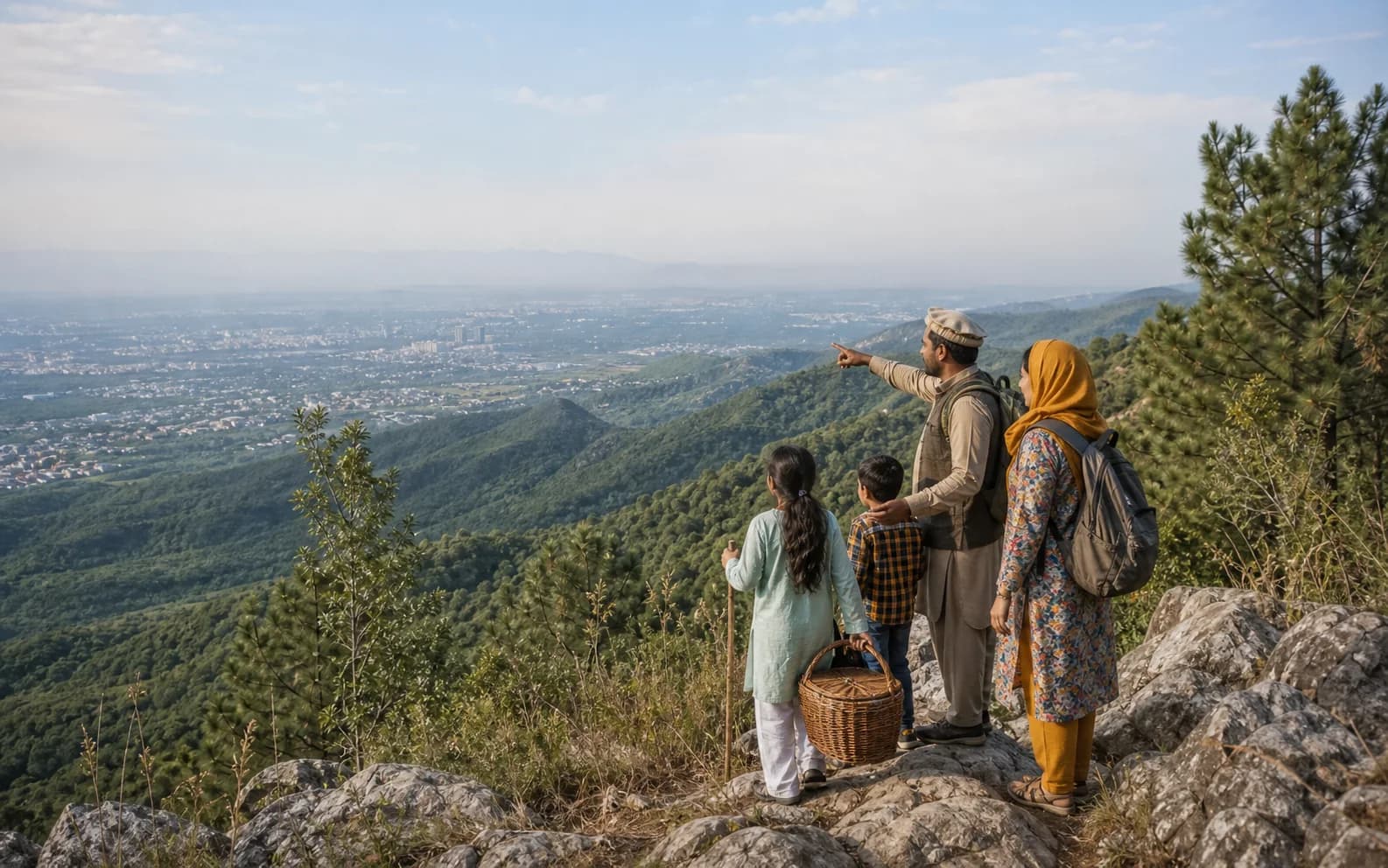 Family on a rocky hilltop trail, one of them pointing out across forested slopes to a city spread over the plain below
