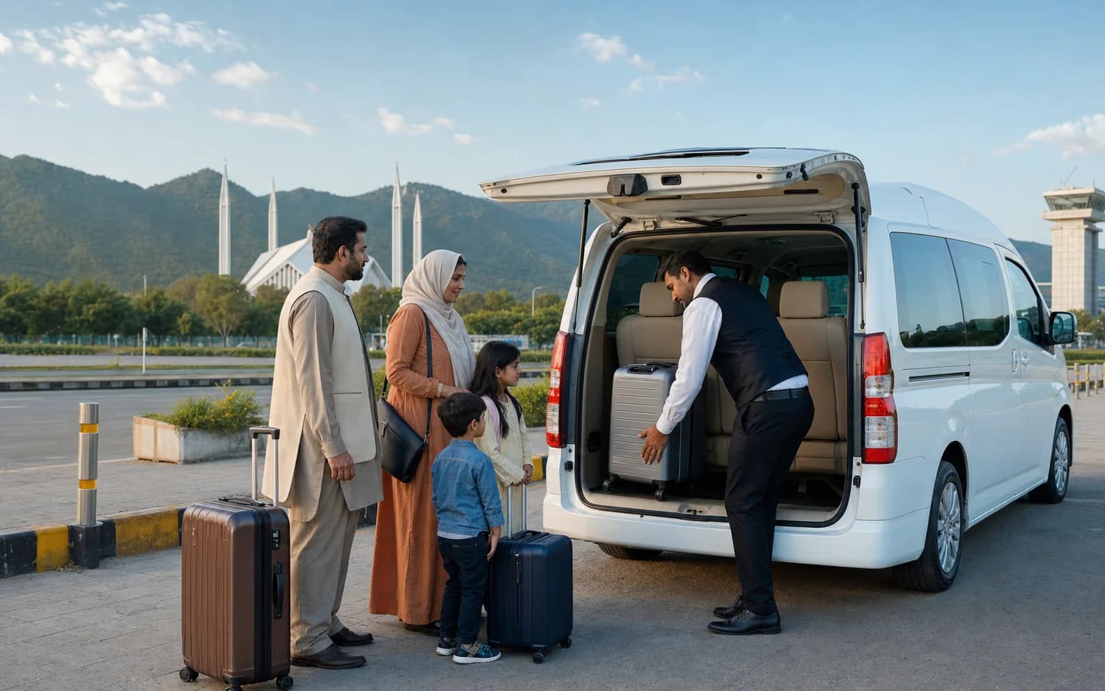 Driver loading suitcases into the back of a white minivan at a kerbside while a family waits, hills and a white mosque in the distance